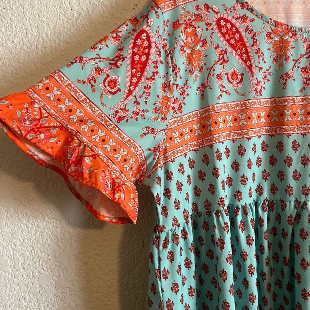 Orange and Aqua Maxi Sundress with Flutter Sleeves and Crew Neck - Picture 4 of 4